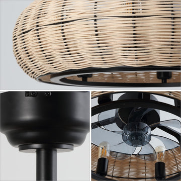 Cassidy 23" 6-Light Modern Bohemian 6-Speed Metal/Rattan Mobile-App/Remote-Controlled Height-Adjustable Lantern LED Ceiling Fan - JONATHAN Y